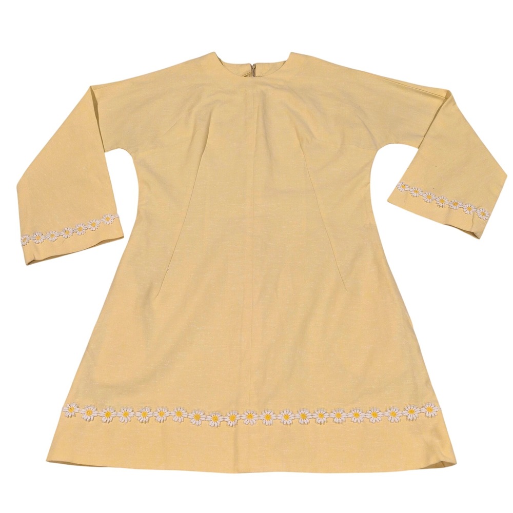 Vintage Yellow Daisy Embroidered A-Line Mini Dress Long Sleeve Mod 60s 70s Boho